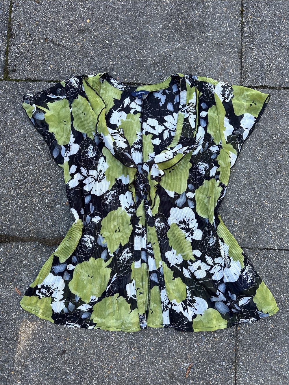 Vintage Reitmans Lime Green Black Floral Plissé Ruffle Blouse L